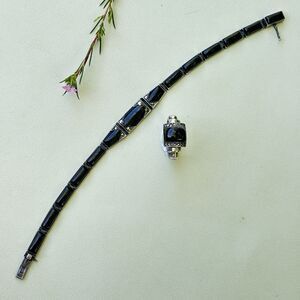 Vintage Sterling Silver Black Onyx Tennis Bracelet & Marcasite Ring Set